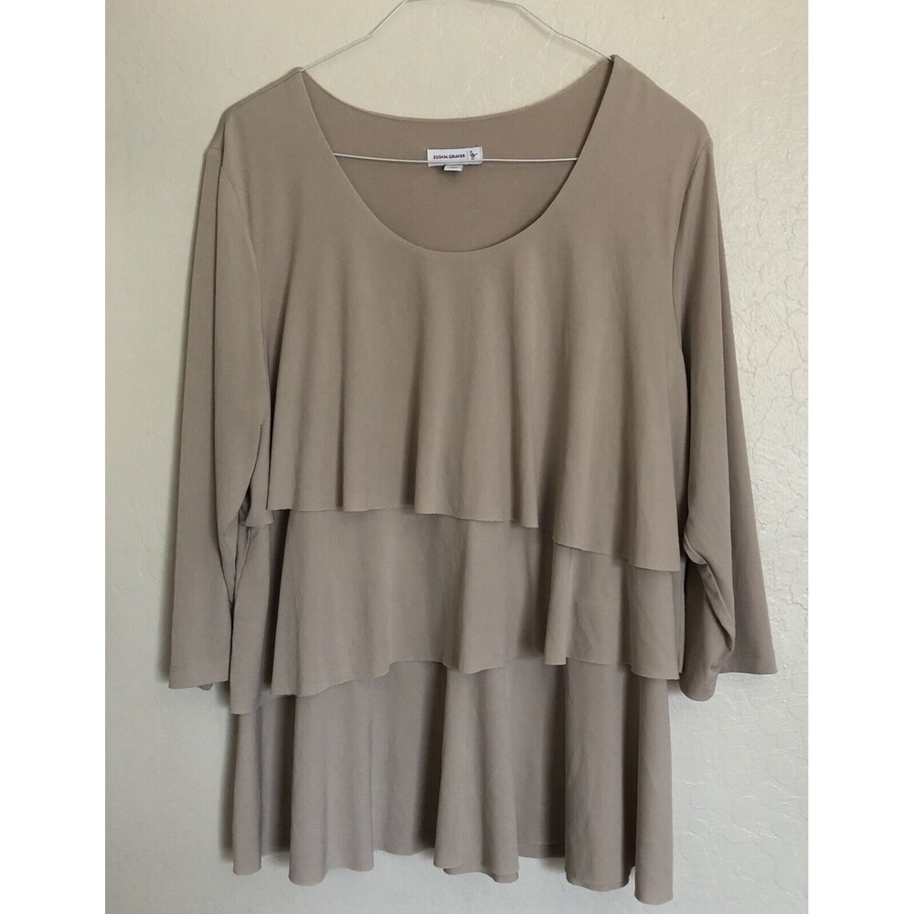 Susan Graver Knit Tiered 3/4 Sleeves Top Blouse Womens XL Beige